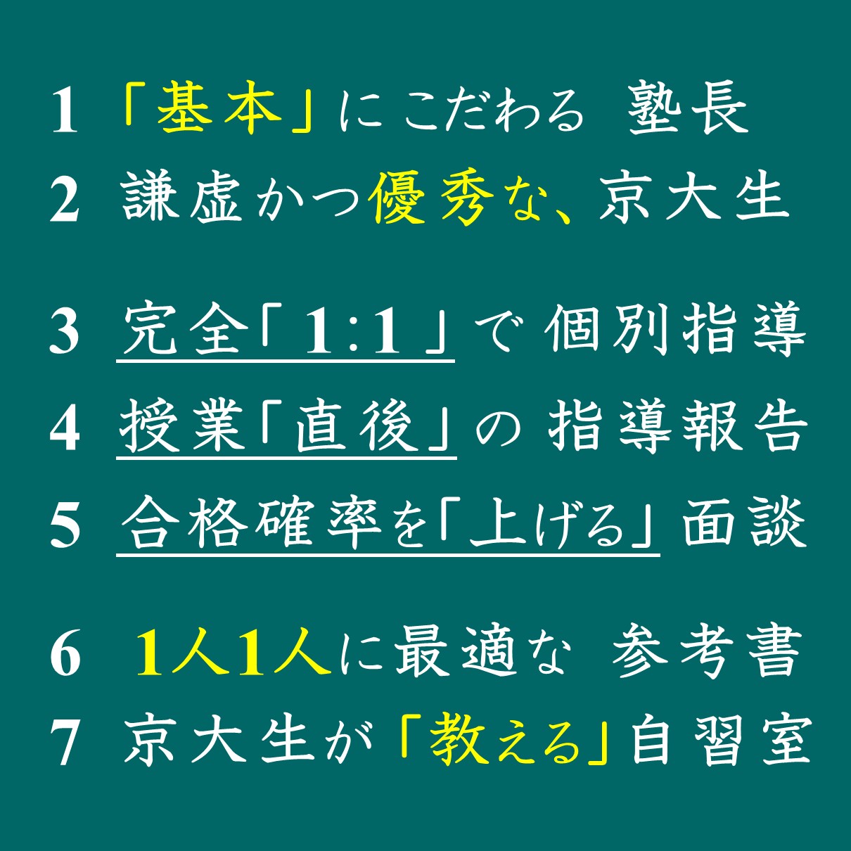 1.「基本」にこだわる塾長 2.謙虚かつ優秀な、京大生 3.完全「1:1」で個別指導 4.授業「直後」の指導報告 5.合格確率を「上げる」面談 6.1人1人に最適な参考書 7.京大生が「教える」自習室
